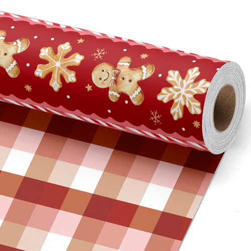 BIOBROWN Reversible Christmas Wrapping Paper - 17 Inch X 33 Feet (46.7 sq. ft. ttl.) - Red Gingerbread Man & Plaid Design Gift Wrap Paper Perfect for Xmas Party Holiday