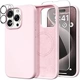 GONEZ Magnetic for iPhone 15 Pro Case, Compatible with MagSafe, [Screen Protector + Camera Lens Protector], Silicone Shockproof Anti-Scratch Protective Phone Case 6.1 inch, Chalk Pink