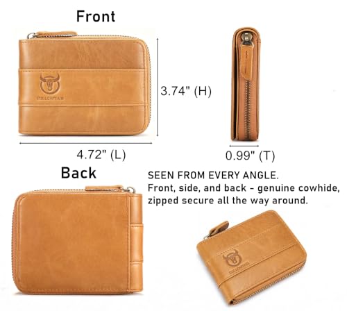 Image of BULLCAPTAIN Men's Leather Wallet Zipper Around RFID Blocking Wallets Bifold Multi Card Holder Purse (Yellow-brown)