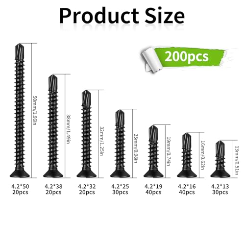 200 Pcs Self Drilling Cross Flat Head Screws, carbon steel Self Tapping Wood Screws - Image 2