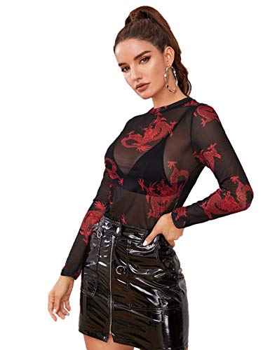 SweatyRocks Women's Long Sleeve Mock Neck Dragon Print Sexy Sheer Mesh Crop Top Red-Dragon L