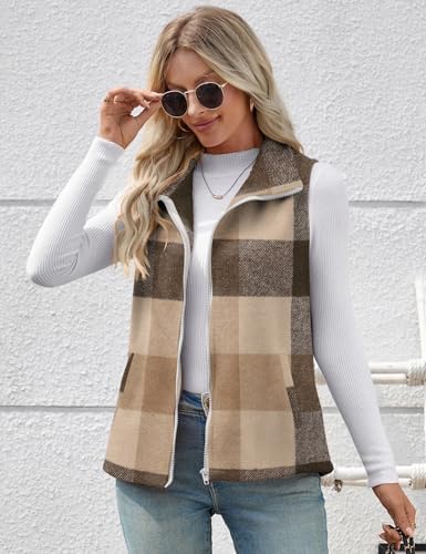 Rapbin Women's Plaid Outerwear Vests Tops Zip Up Collared Sleeveless Jacket with Pockects4