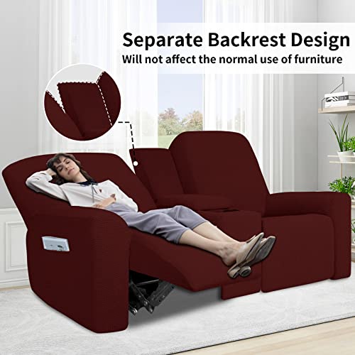 Image of Easy-Going 1 Piece Reclining Loveseat with Middle Console Slipcover | Stretch 2 Seater Loveseat Recliner Cover with Holder and Storage, Recliner Couch Sofa Cover, Furniture Protector Wine
