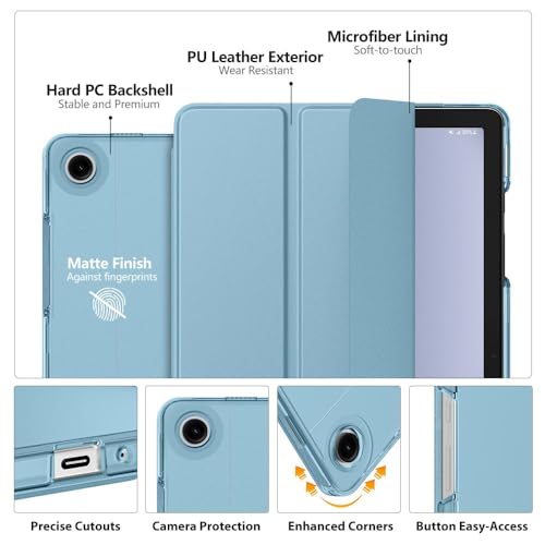 Image of MoKo Trifold Case for Galaxy Tab A9 Plus /A9+ 11 Inch 2023, Misty Blue | Slim Stand Hard PC Translucent Back Shell Smart Cover, Auto Sleep /Wake, Light, Anti-scratch, 2 Adjustable Angle