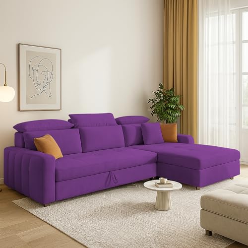 Image of Casaliving Gagnon RHS 4 Seater L Shape Corner Sofa Cum Bed for Living Room (Purple Fabric) Premium Fabric Sofa