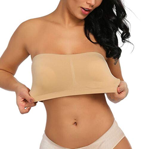 NANTE Top Double Strapless Bra Bandeau Tube Removable Padded Stretchy Tops Plus Size Underwear Underclothes Undies (XXL, Brown)