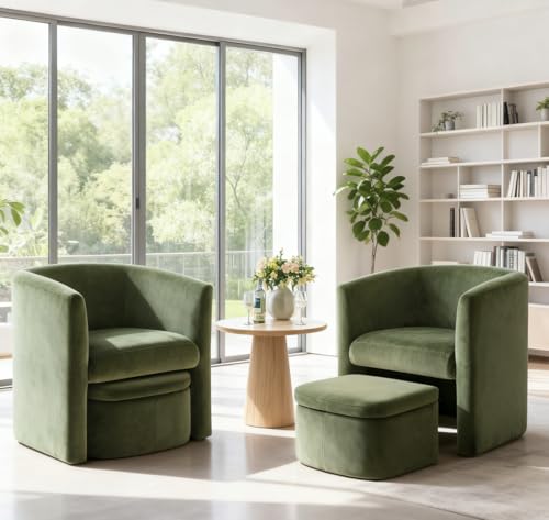 MALOL Mid-Century Velvet Living Room Chair Set of 2 with Storage Ottoman, Space-Saving Accent Chairs for Bedroom/Reading Spaces/Office, Green