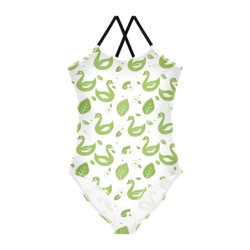 senya Girls Swimsuits One-Piece Swimwear Tie Bathing Suit Beach Summer Round Neck 5-6T Green Swans Leaves Flowers