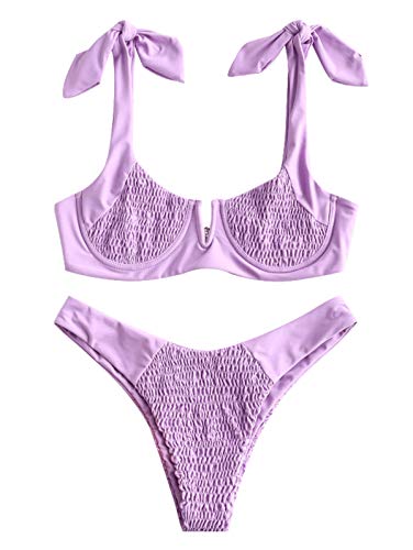 ZAFUL Women's Smocked Bowknot Shoulder Underwire V Cut Bikini Set Two Piece Shirred Swimsuit Swimwear Mauve