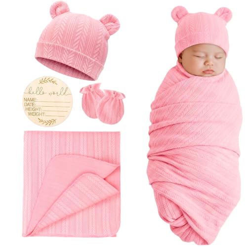 Image of DRESHOW BQUBO Newborn Receiving Blankets for Baby Girl Boy Swaddle with Bear Hat No Scratch Mittens Announcement Card Set for 0-3 Months