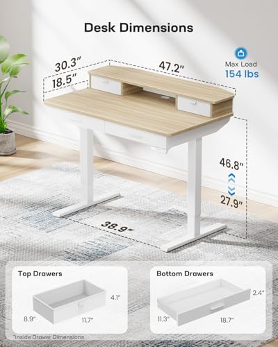 Image of HUANUO 48 x 30 inch Electric Standing Desk with 4 Drawers, Adjustable Height Sit Stand Home Office Desk with Two Tiers, Ergonomic Adjustable Stand up Desk C-Clamp Monitor Mount Compatible, Natural