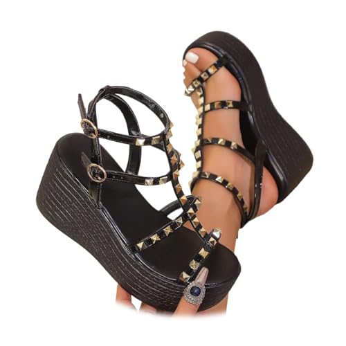 Women's Leather Studded T-Strap Chunky Heels Sandals With Adjustable Ankle Buckle for Outdoor Party Prom Dress Shoes