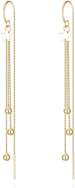 Reffeer Solid 925 Sterling Silver Ball Bead Tassel Chain Dangle Earrings for Women Long Dangle Earrings Threader Drops