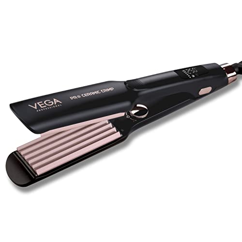 VEGA PROFESSIONAL Pro Ceramic Crimp Hair Crimper for Salon, Fast Heatup, Automatic Shut-Off with Overheating Protection Technology, Adjustable Temperture Setting, (VPPMS-01), Black