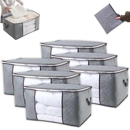 Kit C/6 Bolsas Organizadoras Multiuso C/Zíper, Visor Transparente, Tecido Premium, Alças Laterais, Dobrável e Empilhável - Ideal para Roupas de Cama, Sapatos e Brinquedos - Marca Bigzu®