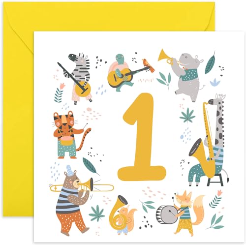 Old English Co. Colourful First Birthday Card for Boys and Girls - Musical Animals Happy 1st Birthday Card for Toddler Baby - Age 1 - Fun Cute Birthday Card for Him or Her | Blank Inside