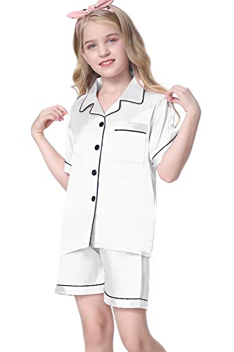 Image of Umeyda Women & Girls Pajamas Set, 2 Piece PJS Satin Silk Sleepwear Button-Down Top with Shorts for Mom Kids Gifts