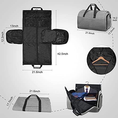 Carry on Convertible Garment Bag Waterproof Travel Duffel Bag for Mens Business Garment Bags with Shoulder Strap, Shoes Compartment 2 in 1 Hanging Suitcase Suit Travel Bags, Grey
