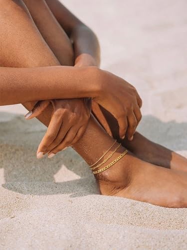 Image of FOCALOOK Anklet Bracelets Set for Women, 14K Gold Plated Waterproof Cuban Link Chain Layered Anklets Set for Plus Size Ankle 8-10.5 Inch Adjustable Summer Beach Jewelry Gift