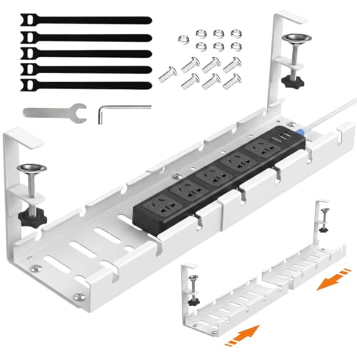 Image of Dyazo Adjustable Under Desk Cable Management Tray | No Drill Clamp-On Rack | Expandable 28.5-55cm Holder for Extension Board, Power Strip & Charging Cable | Heavy-Duty Metal Wire Organizer Shelf-White
