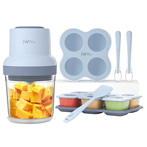 Image of HEYVALUE Baby Food Maker, 13-in-1 Baby Food Processor Gift Sets for Baby Food, Fruit, Vegatable, Meat, Baby Food Blender with Baby Food Containers, Baby Food Freezer Tray, Silicone Spoons, Silicone Spatula (Light Blue)