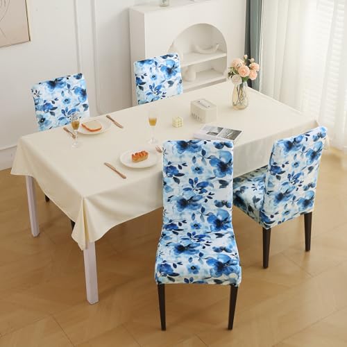 Image of HOKIPO Premium Printed Velvet Chair Cover Set of 4 for Dining Table, Blue Azure Botanical (AR-5794-D8*4)