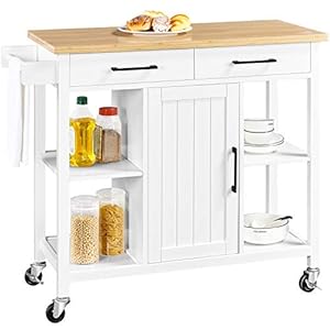 Yaheetech kitchen island cart with bamboo countertop rolling kitchen storage trolley with 2 drawers and adjustable shelves compartment cabinets and towel bar 385x18x36 inches white  urban country home decor