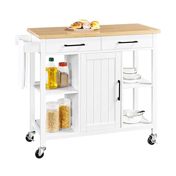 Yaheetech kitchen island cart with bamboo countertop rolling kitchen storage trolley with 2 drawers and adjustable shelves compartment cabinets and towel bar 385x18x36 inches white  urban country home decor