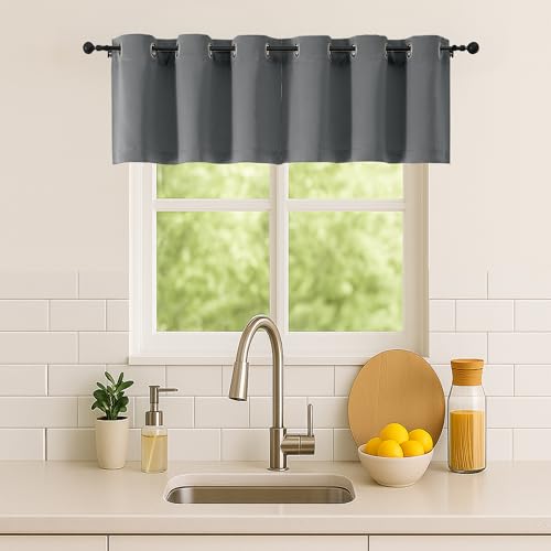 Image of Simplebrand Light Grey Kitchen Valances for Windows 18 Inches Long 2 Pack, Room Darkening Window Valances for Living Room, Grommet Short Straight Drape Kitchen Curtains for Bedroom Kids Room, 40Wx18L