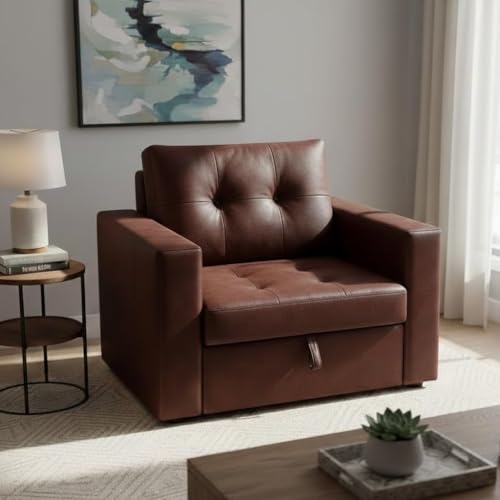 Image of FURNY Tressa 1 Seater Leatherette Pull-Out Sofa Cum Bed Set (Dark Brown) Premium Finish | Comfortable & Durable | Ideal for Living Room