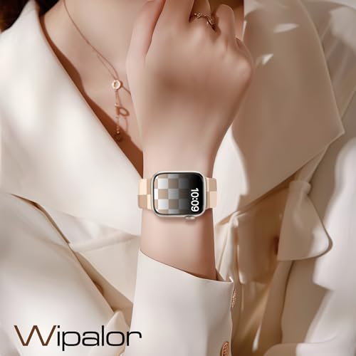 Image of wipalor Checkered Bands for Apple Watch Bands for Women 46mm 45mm 44mm 42mm 49mm, Cute Sport Checkered iWatch Bands Soft Silicone iPhone Watch Bands Series 11 10 9 SE 8 7 6 5 4 3 Ultra-Beige