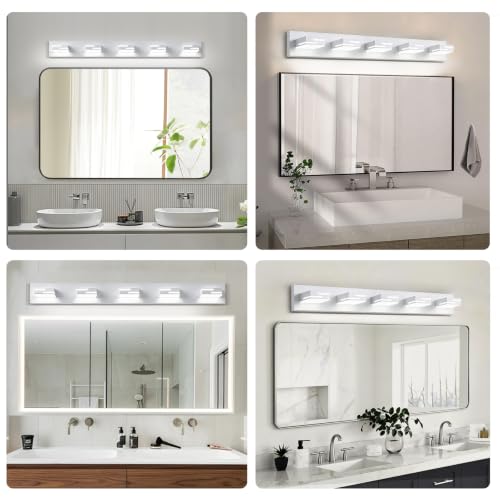 Image of LED Modern Bathroom Vanity Light Fixtures, Dimmable White Vanity Lights for Bathroom Lighting Fixtures Over Mirror, with 360 Rotatable Acrylic Heads 5-Light 36-inch (Cool White 6000K)