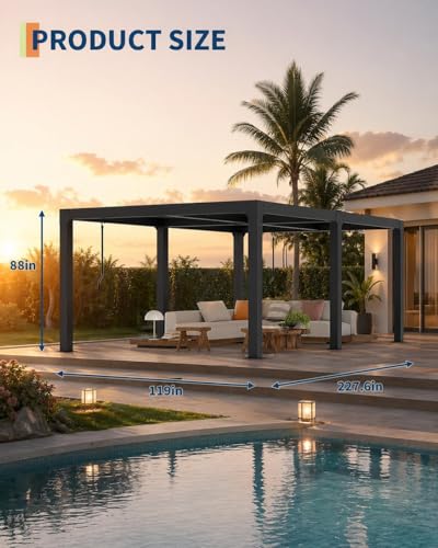 Image of 10X20 FT Louvered Pergola with Adjustable Roof, Integrated Drainage System, Easy Installation, Outdoor Pergola for Backyard, Garden, Poolside, Hardtop Gazebo