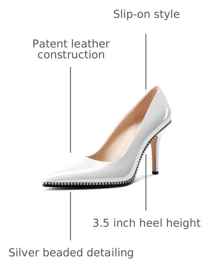 Image of TNYNFBEB Womens Stiletto Mid Heel Pointed Toe Pumps Slip-on Sliver Beaded Prom Wedding Dress Basic Classic Patent Leather 3.5 Inches Heels