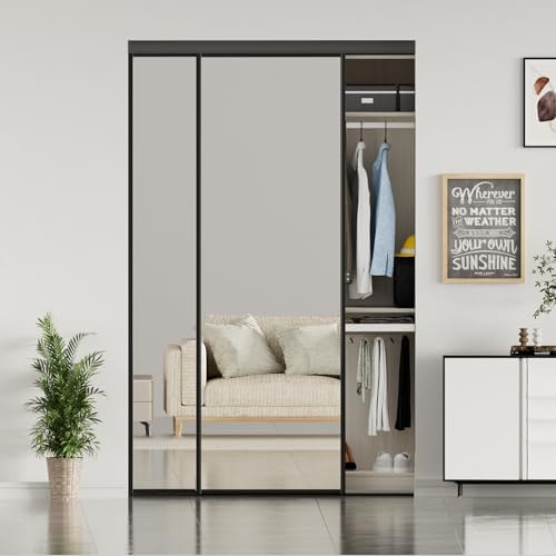 JUBEST Full Sized Sliding Mirror Closet Door 60 x 80, Black Steel...