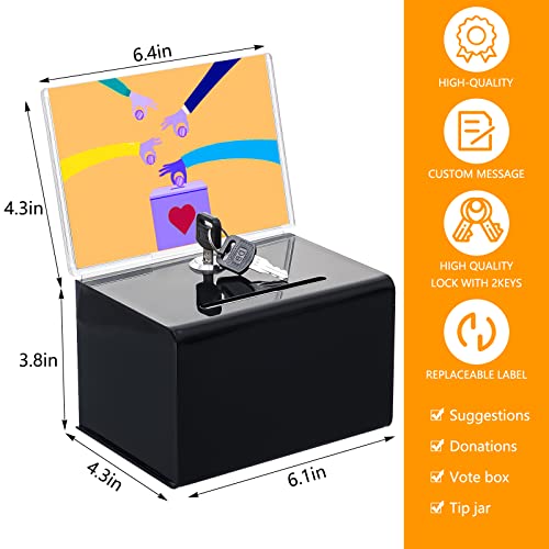 Kyodoled Acrylic Donation Box With Lock,Ballot Box With Sign Holder,Suggestion Box Storage Container For Voting, Raffle Box,Tip Jar 6.1" X 4.3" X 3.8",2 Pack,Black #TOP1