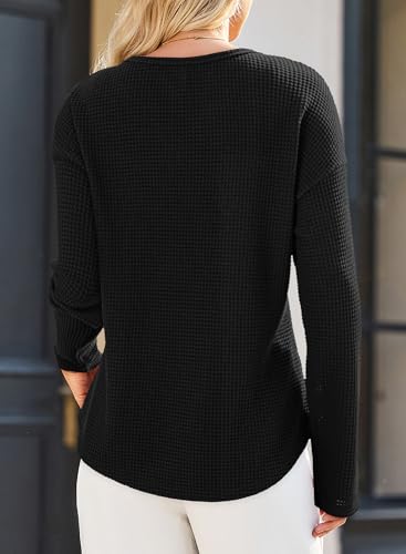 Dokotoo Womens Tops Waffle Knit Long Sleeve Notched V Neck Shirts Casual Trendy Solid Color Loose Blouses2