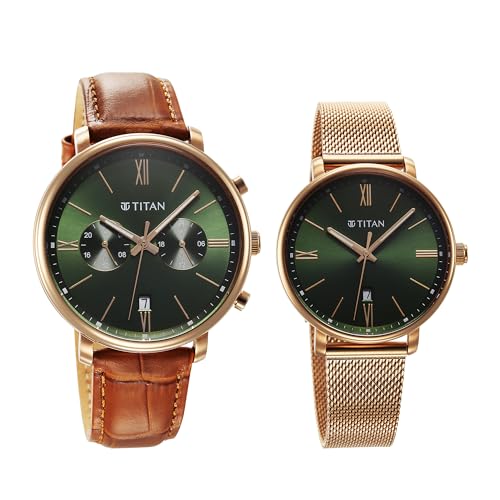 Titan Bandhan Quartz Analog with Date Green Leather and Stainless Steel Strap for Couple-9400794207WZ03P - Image 2