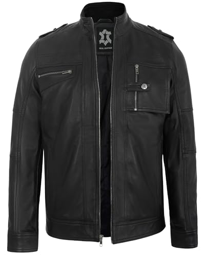 Image of Leather Jacket Men - Real Lambskin Motorcycle Jacket with Snap Tab Collar, Adjustable Waist & Zippered Pockets
