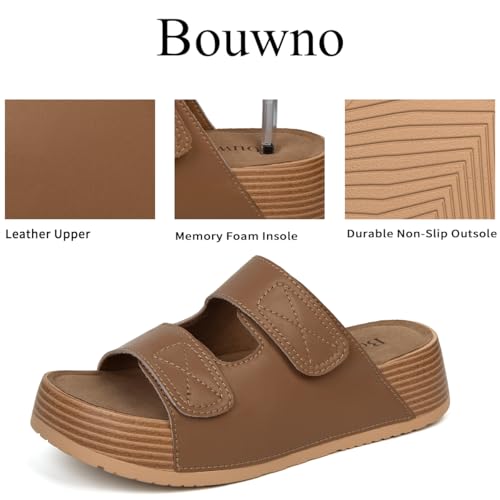 Image of Platform Sandals Women Genuine Leather Slip-on Beach Slide Buckle Comfortable Sandals with Memory Foam Soft Lining and Open Toe Low Wedges