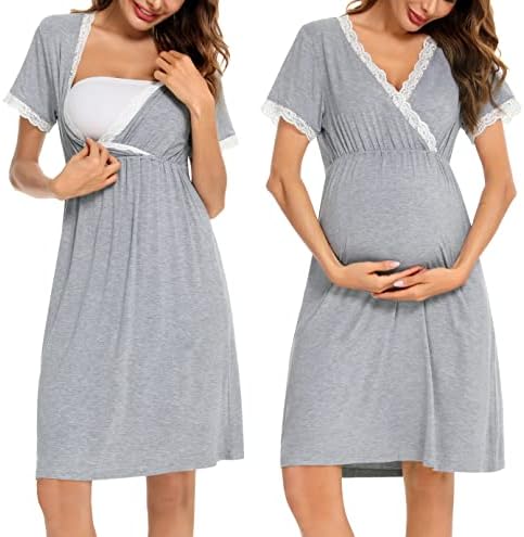 SWOMOG Maternity Gown Womens Short Sleeve Nursing Nightwear for Breastfeeding Sleepwear Hospital Gown Grey