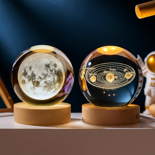 Image of One94Store Moon and Solar 3D Crystal Ball Night Lamp Combo | USB-Powered K10 Crystal LED Lights with Wooden Base | Ideal Gift for Home, Bedroom & Nature Lovers (Combo)