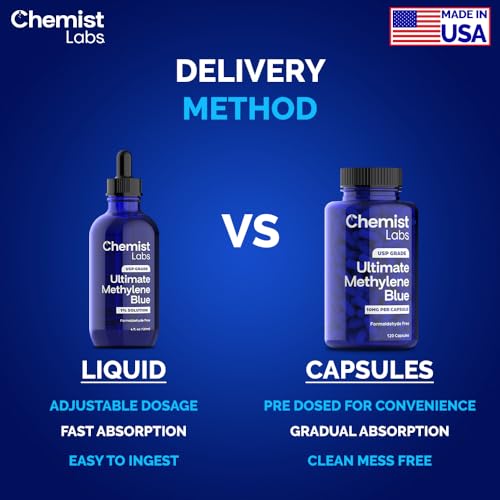 Chemist Labs Methylene Blue – 1% Solution | 99.99% USP-Grade Liquid Drops –Mitochondrial & Cellular Support – 4oz (120ml) – Formaldehyde-Free – Made in USA
