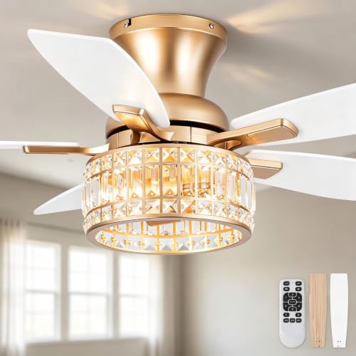 Image of 42 Inch Flush Mount Crystal Ceiling Fan with Lights and Remote