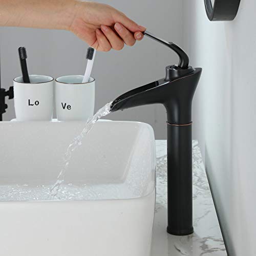 Modern Waterfall Lavatory Bathroom Faucet Tall Deck Mount One Handle Single Hole Vessel Mixer Tap Plumbing Fixtures Unique Designer Oil Rubbed Bronze #TOP1