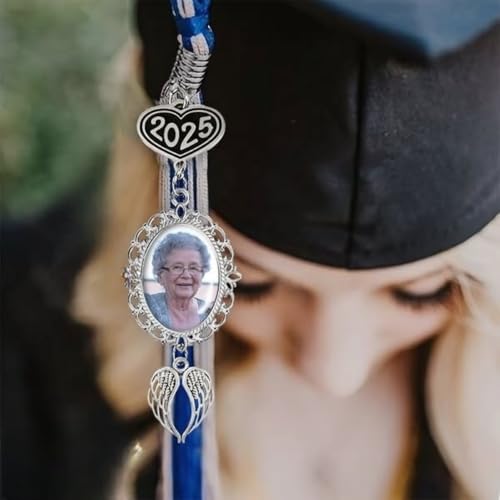 Personalized Graduation Tassel Photo Charm with Angel Wings, Grad Cap Decoration