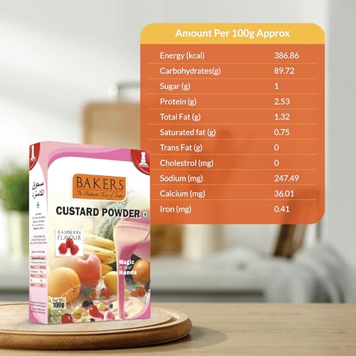 Image of BAKERS Custard Powder | Raspberry Flavor | (100g x 6, 600g) | Contains No Eggs | Long Shelf Life | Makes Smooth, Creamy, Testy & Juicy Custard | Quick & Easy to Make |Best For Fruit Salads & Puddings