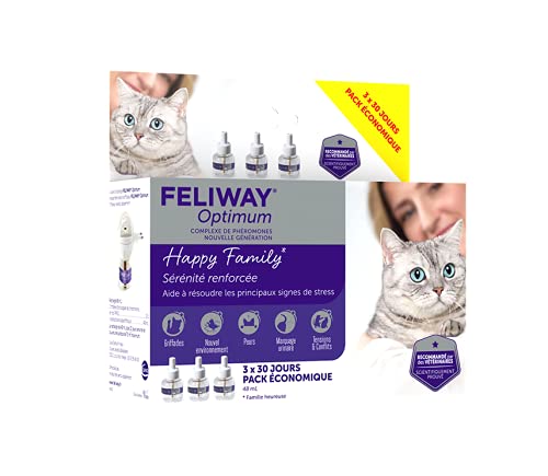 FELIWAY Optimum - Antiestress para gatos - Complejo de feromonas calmantes para una serenidad reforzada - Pack económico 3 recambios (3 x 30 días)