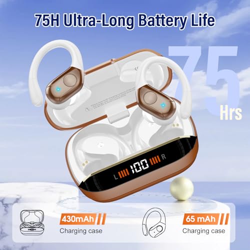 Image of Qecnato Wireless Earbuds Bluetooth Stereo Deep Bass Sports Ear Buds with Earhooks, LED Display Bluetooth Ear Buds with 4 ENC Mic, IP7 Waterproof Earphone, Dark Brown