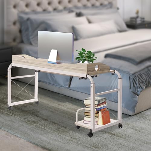 AOOCHU Overbed Table with Wheels Bed Desk Mobile Adjustable Height & Width Cross-Bed Stretchable Lazy Computer Over Bed Desk Standing Workstation Computer Desk Cart for Household, White